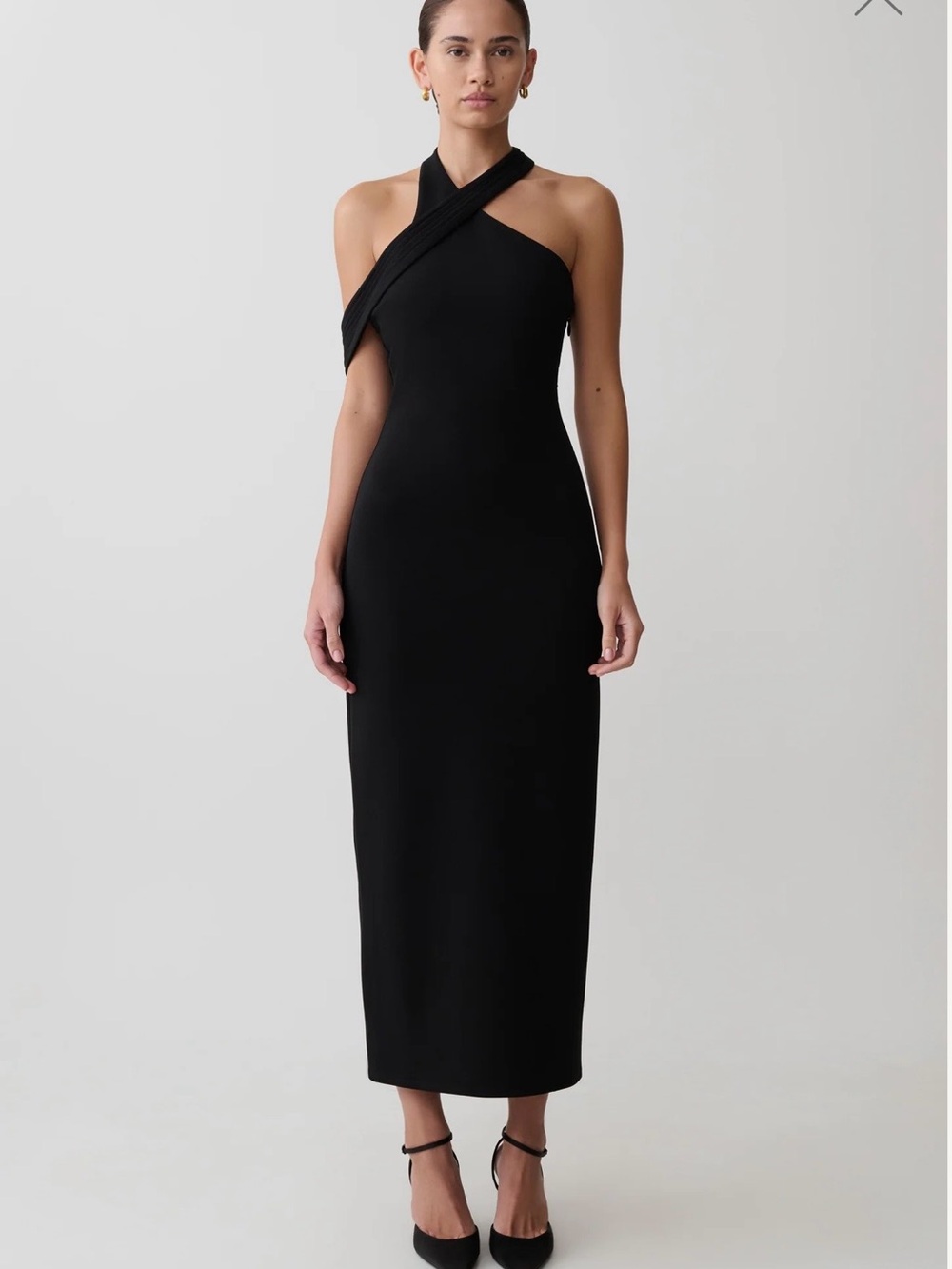 Meshki Sable Black Cross-Neck Midi Dress